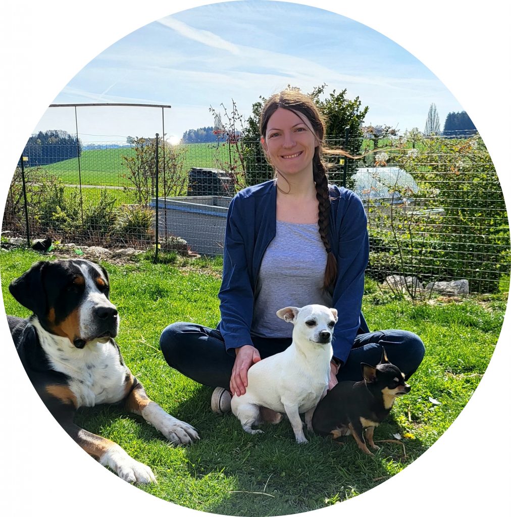 Die Gründerin und Hundetrainerin Nadine sitzt mit drei von Ihren vier Hunden auf einer Wiese.